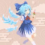  02charaice20 1girl absurdres arm_behind_back blue_bow blue_eyes blue_hair blue_skirt blue_vest blush bow bowtie brown_background cirno collared_shirt commentary detached_wings egasumi food hair_bow highres holding holding_food ice ice_wings medium_hair open_mouth pixel_art popsicle red_bow red_bowtie shirt skirt smile socks solo touhou untranslatable_commentary vest watermelon_bar white_shirt white_socks wings 
