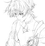  1boy bishounen blunt_ends bodysuit commentary_request covered_collarbone dokseong eyelashes gem genshin_impact greyscale half-closed_eyes japanese_clothes kimono korean_commentary looking_down male_focus mandarin_collar monochrome open_clothes open_kimono parted_lips portrait scaramouche_(genshin_impact) shoulder_peek side_cape sketch solo tsurime vision_(genshin_impact) wanderer_(genshin_impact) white_background wispy_bangs 