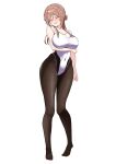  1girl absurdres arm_under_breasts black_pantyhose blush breasts brown_hair closed_eyes competition_swimsuit covered_navel embarrassed full_body furrowed_brow gakuen_idolmaster hair_bun highleg highleg_one-piece_swimsuit highres himesaki_rinami idolmaster large_breasts long_hair nervous_smile nervous_sweating no_shoes nose_blush one-piece_swimsuit pantyhose pantyhose_under_swimsuit pigeon-toed sakusaku_cookie scowl simple_background single_hair_bun smile solo sweat swimsuit two-tone_swimsuit wavy_mouth white_background white_one-piece_swimsuit wince 