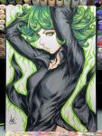  1girl 2020 arms_up black_dress breasts commentary curly_hair dress english_commentary green_eyes green_hair highres looking_at_viewer marker_(medium) medium_breasts one-punch_man photo_(medium) side_slit signature simple_background solo stanley_lau tatsumaki telekinesis traditional_media 