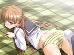  ass blush brown_eyes brown_hair eyebrows_visible_through_hair game_cg green_eyes hair_ribbon hizuki_mitsuna kawagishi_keitarou leg_lift long_sleeves looking_back lying no_pants on_stomach panties ribbon ringetsu school_uniform serafuku socks solo striped striped_panties underwear 