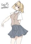  1girl absurdres antenna_hair arcueid_brunestud arm_behind_back blonde_hair brown_sweater_vest collared_shirt cosplay cowboy_shot grey_skirt head_tilt highres jonyeld looking_at_viewer miniskirt no_emblem pleated_skirt red_eyes school_uniform shirt short_hair short_sleeves simple_background single_hair_intake skirt sleeveless sleeveless_sweater smile solo summer_uniform sweater sweater_vest toaru_majutsu_no_index tokiwadai_school_uniform tsukihime v-neck white_background white_shirt 