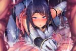  1girl all_fours bare_shoulders black_hair blue_eyes blush bodysuit breasts crawling elbow_gloves game_asset gloves gold_trim grabbed_by_tentacles headband huge_breasts impossible_bodysuit impossible_clothes kongeraatio long_hair non-web_source nose_blush open_mouth parted_lips self-datamine senjuin_ayano skin_tight slime_(substance) solo taimashi_ayano tentacles variant_set visual_novel_cg vore 