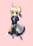  armor armored_dress artoria_pendragon_(all) blonde_hair blush_stickers chibi dress fate/stay_night fate_(series) long_sleeves nakamura_hisashi pink_background saber simple_background solo 