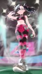  1girl asymmetrical_bangs bare_shoulders black_choker black_hair black_sports_bra blush breasts choker dusk_ball earrings gloves green_eyes hair_ribbon highres holding holding_poke_ball jewelry leggings marnie_(pokemon) midriff navel official_alternate_costume parted_lips poke_ball pokemon pokemon_sword_and_shield red_ribbon ribbon shizuki_(xrha5228) shoes single_glove small_breasts solo sports_bra striped_leggings torn_clothes torn_leggings 