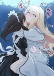  2girls air_bubble apron asphyxiation autoerotic_asphyxiation black_hair blonde_hair blowing_bubbles blue_eyes blush bubble check_translation closed_mouth constricted_pupils dress drowning floating_hair hair_between_eyes highres hug implied_fingering long_hair looking_up maid maid_apron maid_headdress minagi_yuhiro multiple_girls nose_blush original parted_bangs translation_request underwater wavy_mouth white_dress yuri 