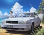  2girls artist_name black_hair blue_sky car cloud commentary_request day grey_hair highres jettoburikku license_plate mexico motor_vehicle multiple_girls nissan nissan_sentra nissan_sunny nissan_tsuru old old_woman original outdoors ponytail shadow sky steering_wheel summer vehicle_focus watermark white_car 
