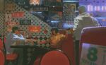  1girl 2boys absurdres aizheajsee batou_(gits) beer_can black_gloves black_hair can chinese_commentary closed_eyes commentary drink_can fingerless_gloves ghost_in_the_shell gloves highres holding holding_can jacket kusanagi_motoko multiple_boys orange_jacket restaurant sitting togusa_(gits) 