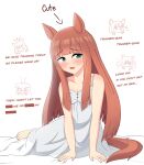  1girl absurdres animal_ears blunt_bangs blush breasts cleavage dress english_text highres hime_cut horse_ears horse_girl horse_tail kaemofu long_hair nightgown orange_hair orange_tail silence_suzuka_(umamusume) smile solo tail umamusume white_dress white_nightgown 