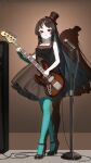  1girl absurdres akiyama_mio amplifier aqua_arm_warmers aqua_pantyhose arm_warmers bass_guitar black_dress black_hat black_shoes brown_eyes brown_hair chinese_commentary chromatic_aberration collarbone commentary_request crossed_legs don't_say_"lazy" dress facial_mark fender_jazz_bass full_body hat high_heels highres holding holding_bass_guitar holding_instrument indoors instrument k-on! long_hair looking_at_viewer microphone microphone_stand mini_hat official_alternate_costume pantyhose parted_lips shadow shoes signature single_arm_warmer single_bare_arm sleeveless sleeveless_dress solo standing very_long_hair watson_cross wispy_bangs xi_cccii 