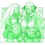  2girls alternate_skin_color blush bracelet breasts commentary_request cosplay crop_top cynthia_(pokemon) darkened_skin eyelashes fingernails green_theme hair_ornament hair_over_one_eye heart highres jewelry kenchi long_hair lusamine_(pokemon) monochrome multiple_girls necklace olivia_(pokemon) olivia_(pokemon)_(cosplay) pokemon pokemon_diamond/pearl/platinum pokemon_scarlet_and_violet shirt short_shorts shorts sleeveless sleeveless_shirt teeth very_long_hair 