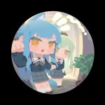  2girls absurdres animal_ears artist_name bang_dream! bang_dream!_it's_mygo!!!!! ben-day_dots black_ribbon blue_hair blue_shirt blue_skirt blush brown_shoes cat_ears cat_girl cat_tail commentary_request green_hair grey_neckerchief hair_ribbon hat highres kekego multiple_girls neckerchief open_mouth outdoors parted_bangs paw_pose peephole pov_peephole ribbon sailor_collar school_uniform screentones shirt shoes sidelocks skirt smile socks sparkling_eyes tail togawa_sakiko tsukinomori_school_uniform wakaba_mutsumi white_sailor_collar white_socks yellow_eyes 