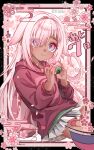  1girl absurdres blush cherry_blossoms closed_mouth dark-skinned_female dark_skin food hair_between_eyes hair_over_one_eye highres hood hoodie kyoto_xanadu long_hair looking_at_viewer purple_eyes purple_hair red_hoodie rurui_(kyoto_xanadu) simple_background skirt solo white_skirt willfin 