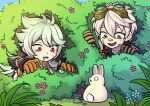  2boys :d absurdres animal bandaid bandaid_on_cheek bandaid_on_face bandaid_on_nose bazukat_art bennett_(genshin_impact) blue_flower brown_gloves brown_hood brown_vest bush drooling fang flower flower_bush genshin_impact gloves goggles goggles_on_head grass hair_between_eyes highres hood hood_up long_hair looking_at_animal male_focus multiple_boys o_o open_mouth orange_gloves outdoors rabbit razor_(genshin_impact) red_eyes rock short_hair skin_fang smile teeth vest 