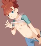  1girl breasts brown_background brown_hair brown_pubic_hair cheeso_art denim digimon digimon_tamers dutch_angle female_pubic_hair highres jeans looking_at_viewer makino_ruki nipple_piercing nipples panties pants panty_pull piercing pubic_hair simple_background small_breasts solo sparse_pubic_hair tears underwear white_panties 