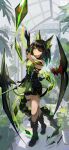  1girl absurdres aqua_hair arknights arm_up bare_shoulders belt belt_buckle black_belt black_boots black_hair black_sash black_shorts boots buckle chinese_commentary colored_inner_hair commentary crystal full_body green_eyes green_hair green_shirt highres knee_boots long_hair looking_at_viewer magic material_growth mon3tr_(arknights) multicolored_hair no_jacket oripathy_lesion_(arknights) parted_lips plant purple_hair sash shirt shorts sleeveless sleeveless_shirt solo standing tail thigh_belt thigh_strap zhangheng1145 