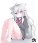  1girl absurdres animal_ears bandaid bandaid_on_face bandaid_on_knee bandaid_on_leg barefoot black_sailor_collar black_shirt borrowed_character closed_mouth collar expressionless grey_hair hair_ornament hairclip highres long_hair long_sleeves looking_at_viewer nayanaiti no_pants original panties parallel_hairclips pink_eyes rir-chan sailor_collar shirt simple_background sitting striped_clothes striped_panties tail underwear white_background wolf_ears wolf_girl wolf_tail 