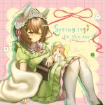  1girl absurdres agnes_tachyon_(umamusume) ahoge animal animal_ears animal_on_arm beret blush bonnet book brown_hair closed_mouth clover_hair_ornament collar commentary dot_mouth dot_nose drawn_flower dress ear_covers ears_under_headwear english_text fairy_wings fake_wings feet_out_of_frame frilled_skirt frills green_dress green_shoes grid_background guinea_pig hair_between_eyes hair_ornament hairclip hat highres holding holding_book horse_ears horse_girl looking_at_animal medium_hair one_eye_closed pantyhose pearl_hair_ornament pink_ribbon puffy_short_sleeves puffy_sleeves red_eyes ribbon romaji_text shoes short_sleeves sitting skirt skyk57milk sleepy solo_focus spring_(season) umamusume untranslatable_commentary white_blanket white_bonnet white_collar white_pantyhose wings 