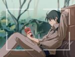  1boy belt black_belt black_hair blurry blurry_background book brown_pants brown_shirt commentary dondon_mx earth_federation gundam gundam_08th_ms_team highres holding holding_book jungle military_uniform nature pants reading scene_reference shiro_amada shirt short_hair sitting smile solo tree viewfinder wooden_box 