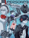  2boys 3girls absurdres aigis_(persona) android aqua_shirt baseball_cap blazer blue_background blue_eyes blue_hair blue_shirt bow bowtie byrrenn cardigan coat coat_on_shoulders collared_shirt commentary copyright_name digital_walkman evoker hair_over_one_eye hat hat_tip headphones highres iori_junpei jacket joints limited_palette miniskirt mp3_player multiple_boys multiple_girls neck_ribbon persona persona_3 pink_cardigan red_bow red_bowtie ribbon robot_ears robot_girl robot_joints shirt short_hair skirt socks sword takeba_yukari untranslatable_commentary walkman_nw-s203f weapon yamagishi_fuuka yuuki_makoto_(persona_3) 
