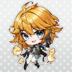  1girl ahoge aqua_shirt bandolier beescuit belt bird black_boots black_gloves black_jacket blonde_hair boots chibi dokibird dokibird_(bounty_hunter) dragoon_(dokibird) fang feather_hair gloves green_eyes gun hair_between_eyes hair_ornament indie_virtual_youtuber jacket looking_at_viewer neckerchief open_mouth orange_neckerchief pants revolver shirt short_hair simple_background skin_fang solo spurs untucked_shirt virtual_youtuber weapon x_hair_ornament 