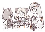  3girls arknights betchan bird_girl blonde_hair blush brown_hair commentary_request demon_horns dragon_girl dragon_horns glasses horns ifrit_(arknights) long_hair multiple_girls saria_(arknights) short_hair short_twintails silence_(arknights) sweatdrop twintails 