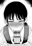  1boy 1girl :>= absurdres bar_censor blush censored chainsaw_man closed_eyes collared_shirt dress erection fellatio greyscale hetero highres kaiman_garupan long_sleeves mitaka_asa monochrome neck_ribbon nose_blush oral penis pinafore_dress pov pov_crotch ribbon shirt sleeveless sleeveless_dress solo_focus steaming_body sunken_cheeks sweat white_background 