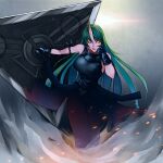  1girl arknights arm_ribbon armor bailing_shiyin bare_shoulders black_gloves black_pants black_shirt blood blood_on_face breastplate breasts clothes_around_waist embers gloves green_hair hannya_(arknights) highres holding holding_shield horns hoshiguma_(arknights) jacket jacket_around_waist large_breasts long_hair looking_at_viewer oni open_mouth pants ribbon shield shirt single_horn skin-covered_horns sleeveless sleeveless_shirt solo standing very_long_hair wiping_face yellow_eyes 