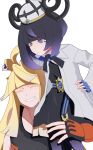  1boy 1girl absurdres belt belt_buckle black_dress black_gloves black_hair black_shirt blonde_hair blue_gloves blunt_bangs bob_cut brother_and_sister buckle chazuke closed_eyes closed_mouth coat dress eyelashes fingerless_gloves gloves gradient_hair gwynn_(pokemon) hat highres ivor_(pokemon) long_hair mole mole_under_mouth multicolored_hair o-ring o-ring_belt open_clothes open_coat pantyhose pokemon pokemon_legends:_z-a purple_eyes purple_hair purple_pantyhose shirt short_hair siblings sitting_on_shoulder smile white_background white_coat 