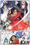  1boy 3girls ahoge alternate_costume androgynous black_bow black_bowtie black_dress black_gloves black_hair black_shoes black_suit blue_eyes bow bowtie bright_pupils clefable coat collared_shirt commentary_request dark-skinned_female dark_skin dress ear_piercing earrings formal_clothes geeta_(pokemon) glimmora gloves green_hair grey_hair highres jacinthe_(pokemon) jewelry korokoro_daigorou larry_(pokemon) long_hair long_sleeves low_drills mega_clefable mega_glimmora mega_pokemon morgrem multicolored_hair multiple_girls off-shoulder_dress off_shoulder pants piercing pokemon pokemon_(creature) pokemon_legends:_z-a pokemon_scarlet_and_violet ponytail purple_hair red_dress red_eyes reverse_trap rika_(pokemon) shirt shoes short_hair sleeveless sleeveless_dress solid_oval_eyes streaked_hair suit tailcoat thick_eyebrows translation_request triangle_earrings two-tone_hair very_dark_skin white_coat white_pants white_pupils 