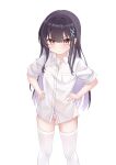  >:( 1girl :t absurdres black_hair colored_inner_hair hair_ornament hands_on_own_hips highres long_hair looking_at_viewer multicolored_hair naked_shirt no_pants original panties purple_hair shirt short_sleeves sidelocks striped_clothes striped_panties thighhighs underwear v-shaped_eyebrows variant_set white_background white_shirt white_thighhighs x_hair_ornament zhai_mi_xing_hui 
