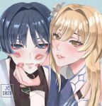  1boy 1girl 2026 bishounen black_bodysuit black_gloves blonde_hair blue_background blue_cape blue_trim blunt_ends bodysuit cape closed_mouth commentary_request couple dress expressionless eyelashes eyeliner flower genshin_impact gloves grey_eyes grey_hair grey_lips grey_pupils hair_flower hair_intakes hair_ornament halterneck hand_on_another's_cheek hand_on_another's_face hand_up heads_together hetero highres japanese_clothes jazz_(texf3555) kimono lipstick_mark lipstick_mark_on_face looking_at_viewer lumine_(genshin_impact) makeup open_clothes open_kimono parted_lips partially_fingerless_gloves red_eyeliner red_lips scaramouche_(genshin_impact) scarf short_hair short_hair_with_long_locks shoulder_peek side_cape sidelocks squeezing_cheeks tsurime vambraces wanderer_(genshin_impact) white_dress white_flower white_kimono white_mouth white_scarf wispy_bangs yellow_eyes yellow_pupils 