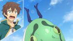  1boy 1girl animal aqua_(konosuba) blue_boots blue_sky boots brown_hair cannibalism cape cloud day game_asset giant_snake green_cape green_snake high_heels highres kono_subarashii_sekai_ni_shukufuku_wo! kono_subarashii_sekai_ni_shukufuku_wo!_kono_yokubukai_game_ni_shinpan_o! lens_flare looking_ahead non-web_source official_art open_mouth outdoors oversized_animal satou_kazuma self-datamine shirt short_hair sky snake surprised thigh_boots upper_body upside-down v-shaped_eyebrows white_shirt wide-eyed 