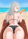  1girl alternate_breast_size_(larger) ass ass_focus back back_focus backboob beach beach_mat bikini black_bikini breasts commentary english_commentary from_behind grey_hair highres holding_sunscreen large_breasts long_hair looking_at_viewer looking_back lotion lotion_bottle lying median_furrow n7grey niijima_sae ocean on_stomach persona persona_5 red_eyes sand shoulder_blades sideboob solo sunscreen swimsuit 