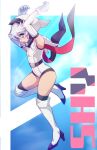  1girl aygoftenover belt black_belt boots commentary_request copyright_name elbow_gloves eye_mask gloves heart-shift_bracelets high_heel_boots high_heels highres hooded_leotard jumping leotard looking_at_viewer mask red_eyes short_hair shy_(character) shy_(series) thigh_boots white_boots white_gloves white_hair white_leotard 