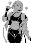  1girl abs bottle breasts breath cammy_white clash_kuro_neko cleavage commentary greyscale highres holding holding_bottle jacket looking_at_viewer medium_breasts medium_hair monochrome navel off_shoulder open_mouth parted_bangs solo sports_bra stomach street_fighter street_fighter_6 sweat thigh_gap toned toned_female water_bottle 