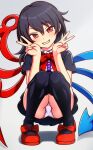  1girl asymmetrical_wings black_dress black_hair black_thighhighs blue_wings blush bow bowtie buttons commentary_request dress footwear_bow full_body grey_background grin houjuu_nue looking_at_viewer mary_janes mofupaka panties pantyshot red_bow red_bowtie red_eyes red_shoes red_wings shoes short_dress short_hair short_sleeves simple_background smile solo squatting thighhighs touhou underwear white_panties wings 