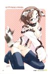  absurdres animal_ears belt black_panties collar copyright_request dog_ears e=mc2_(mosimosi) glasses highres kneeling long_sleeves lowleg lowleg_panties open_clothes open_shirt panties shirt solo straitjacket tail thighhighs underwear white_panties 