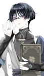  1boy 2026 adjusting_eyewear armor belt bespectacled bishounen black-framed_eyewear black_belt black_bodysuit black_bridal_gauntlets blue_cape blunt_ends bodysuit book bridal_gauntlets cape commentary_request covered_collarbone eyelashes eyeliner fingernails genshin_impact glasses gold_ring grey_eyes hand_up highres holding holding_book insignia japanese_armor japanese_clothes jazz_(texf3555) kimono kote kurokote looking_at_viewer makeup male_focus mandarin_collar middle_ring open_clothes open_hand open_kimono pale_skin parted_lips purple_rope purple_sash rectangular_eyewear red_eyeliner rope sash scaramouche_(genshin_impact) semi-rimless_eyewear shoulder_peek side_cape solo tsurime upper_body variant_set wanderer_(genshin_impact) white_kimono white_mouth wispy_bangs 