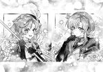  2girls :d artist_request cape capelet chrysanthemum closed_mouth commission feather_hair_ornament feathers flower gloves goggles goggles_on_head greyscale hair_ornament hand_on_own_chin hand_up highres holding holding_staff jacket lily_of_the_valley long_hair looking_to_the_side medium_hair merel_(reverse:1999) monochrome multiple_girls open_mouth reverse:1999 rhiannon_(reverse:1999) second-party_source smile sparkle staff sweat thinking two-handed upper_body veil 