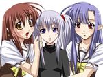  :d blush brown_hair hand_in_hair lisianthus long_hair looking_at_viewer multiple_girls nerine open_mouth parted_lips pointy_ears primula purple_eyes purple_hair red_eyes sanshita school_uniform shuffle! sidelocks smile yellow_eyes 