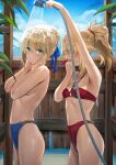  2girls armpits aroused_nosebleed artoria_pendragon_(fate) bikini blonde_hair blood blue_bikini blush braid braided_base breasts bun_with_braided_base commentary_request covering_breasts covering_privates fate/grand_order fate_(series) female_pervert fence front-tie_bikini_top front-tie_top green_eyes hair_bun hair_ornament hair_ribbon hair_scrunchie highres incest long_hair mordred_(fate) mother_and_child mother_and_daughter multiple_girls navel nosebleed outdoors parent_and_child pervert ponytail red_bikini red_scrunchie ribbon saber_(fate) same-sex_bathing scrunchie shared_bathing short_hair shower_head showering side-tie_bikini_bottom sideboob small_breasts stomach string_bikini swimsuit thighs tonee topless_female unworn_bikini_top wooden_fence yuri 