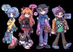  2boys 2girls :o alternate_costume angel_wings animal_ears arm_warmers ayanami_rei bag bandaid bandaid_on_face bandaid_on_nose baseball_cap bazukat_art black_arm_warmers black_background black_choker black_hat black_jacket black_shoes black_socks blue_bag blue_eyes blue_hair blue_hoodie blue_outline blue_pants blue_ribbon blue_shorts bob_cut braid brown_bag brown_hair brown_jacket brown_pants brown_shoes cat_ears cellphone character_hat charm_(object) choker closed_mouth cloud collared_shirt cosplay crocs drink earrings eva_01 eva_01_(cosplay) fishnet_pantyhose fishnets flip_phone full_body green_shirt grey_hair hair_between_eyes hair_ribbon half-closed_eyes hat headphones heart heart_earrings highres holding holding_bag holding_drink holding_key holding_phone hood hoodie ikari_shinji jacket jewelry key leg_warmers long_hair looking_at_phone looking_to_the_side mecha mini_wings multiple_boys multiple_girls nagisa_kaworu necklace neon_genesis_evangelion outline pants pantyhose phone pierced_hat pin pink_leg_warmers pink_outline pink_ribbon purple_arm_warmers purple_hat purple_outline rainbow red_eyes red_skirt ribbon robot shirt shoes short_hair shorts shoulder_bag simple_background skirt smile socks souryuu_asuka_langley speech_bubble striped_arm_warmers sun sweater t-shirt teeth thought_bubble two-tone_arm_warmers white_arm_warmers white_shoes wings yellow_sweater 