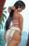  1girl absurdres ass back bare_arms black_hair blunt_bangs bracelet brown_eyes chel_(el_dorado) dark-skinned_female dark_skin earrings english_commentary highres huge_ass jewelry leaf long_hair looking_at_viewer looking_back outdoors parted_lips pink_tube_top shoulder_blades sin_quota smile solo standing strapless sweat the_road_to_el_dorado thighs tube_top very_long_hair white_pelvic_curtain 