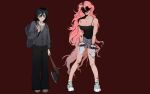  2girls alien_stage axe bag black_camisole black_hair black_pants breasts camisole chinese_commentary cleavage commentary gogo030710 grey_shorts heart highres holding holding_axe long_hair mizi_(alien_stage) multiple_girls oven_mitts pants pink_hair red_background shorts shoulder_bag strap_slip sua_(alien_stage) teeth very_long_hair zombie zombie_stage 