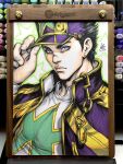 1boy 2022 art_tools_in_frame black_hair blue_hat closed_mouth commentary english_commentary fish_hook hand_on_headwear hat highres jacket jojo_no_kimyou_na_bouken kujo_jotaro looking_at_viewer male_focus marker_(medium) photo_(medium) print_shirt purple_jacket shirt signature simple_background solo stanley_lau stone_ocean traditional_media upper_body 