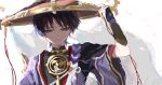  1boy armor black_bodysuit black_hair black_hat black_kimono black_sleeves blunt_ends bodysuit bright_pupils closed_mouth commentary_request covered_collarbone eyeliner furisode genshin_impact gold gold_trim hand_up hat highres japanese_armor japanese_clothes jewelry jingasa juban kimono kote kurokote layered_sleeves looking_down makeup male_focus mandarin_collar mitsudomoe_(shape) neck_ring open_clothes open_kimono painterly portrait purple_eyes purple_rope red_eyeliner red_hat red_kimono red_sleeves rope scaramouche_(genshin_impact) shimenawa solo tassel tomoe_(symbol) tsurime veil wawage9 white_background white_kimono white_pupils white_rope white_veil wispy_bangs 