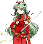  1girl 2000s_(style) blue_eyes breasts cleavage cleavage_cutout clothing_cutout elbow_gloves elixir_rose game_asset gloves green_hair hair_ribbon headdress holding holding_sword holding_weapon kagashima_itsuki large_variant_set long_hair magical_girl mahou_senshi_(series) mahou_senshi_elixir_knights medium_breasts non-web_source official_art open_mouth ribbon saitou_natsuki self-datamine simple_background solo sword tachi-e transparent_background variant_set weapon 