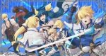  1girl 6+boys arm_up asymmetrical_wings bare_shoulders belt belt_buckle black_gloves black_pants black_shirt blonde_hair blue_background blue_eyes blue_gloves blue_hair blue_trim blush brown_belt brown_hair buckle capelet closed_eyes closed_mouth coat commentary_request cross cross_necklace cross_tie detached_collar dizzy_(guilty_gear) electricity electrokinesis eyepatch facing_another fingerless_gloves gloves gold_necklace guilty_gear guilty_gear_2 guilty_gear_strive guilty_gear_xrd guilty_gear_xx hair_between_eyes hair_ribbon hair_rings happy_birthday headband holding holding_hands holding_sword holding_weapon jacket jacket_on_shoulders jewelry ky_kiske long_hair looking_at_another male_focus multiple_boys muscular necklace open_mouth pants partially_fingerless_gloves pectoral_cleavage pectorals ponytail red_jacket ribbon shirt short_hair sin_kiske smile sol_badguy spiked_hair sword tometo_pot twintails weapon white_capelet white_coat white_jacket white_pants wings yellow_ribbon 