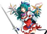  1girl 2000s_(style) ahoge aqua_hair ayahime_kurumi blush breasts cleavage cleavage_cutout closed_eyes clothing_cutout dress elbow_gloves floating floating_object floating_weapon game_asset gloves green_hair hair_ribbon holding holding_sword holding_weapon large_variant_set lemmtear_theta long_hair magical_girl mahou_senshi_(series) mahou_senshi_lemmtear_knights medium_breasts non-web_source official_art open_mouth ribbon saitou_natsuki self-datamine simple_background skirt solo sword tachi-e thighhighs transparent_background v-shaped_eyebrows variant_set weapon 
